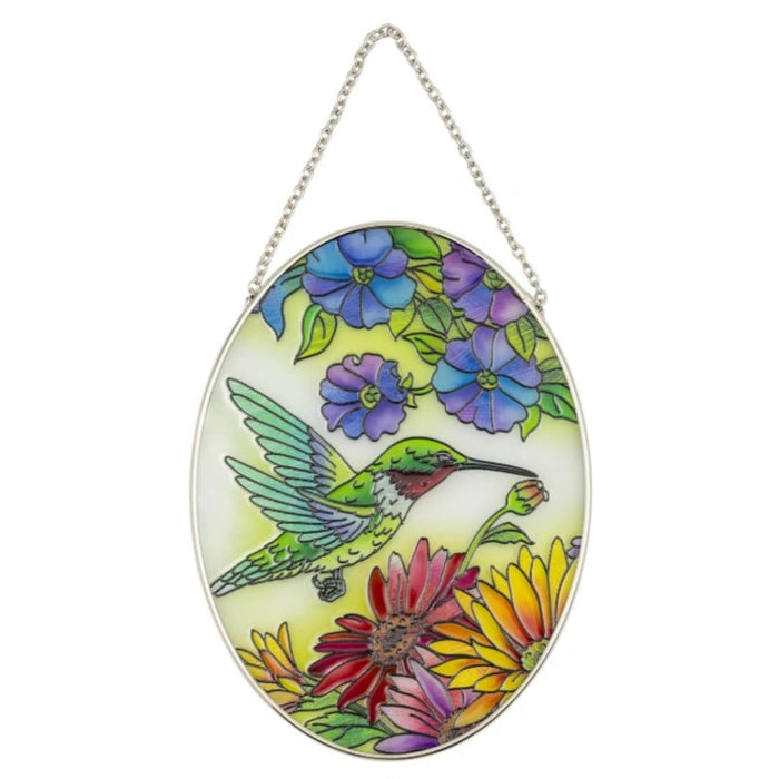 This handcrafted stained glass suncatcher features a stunning hummingbird design in rich, jewel-toned art glass.