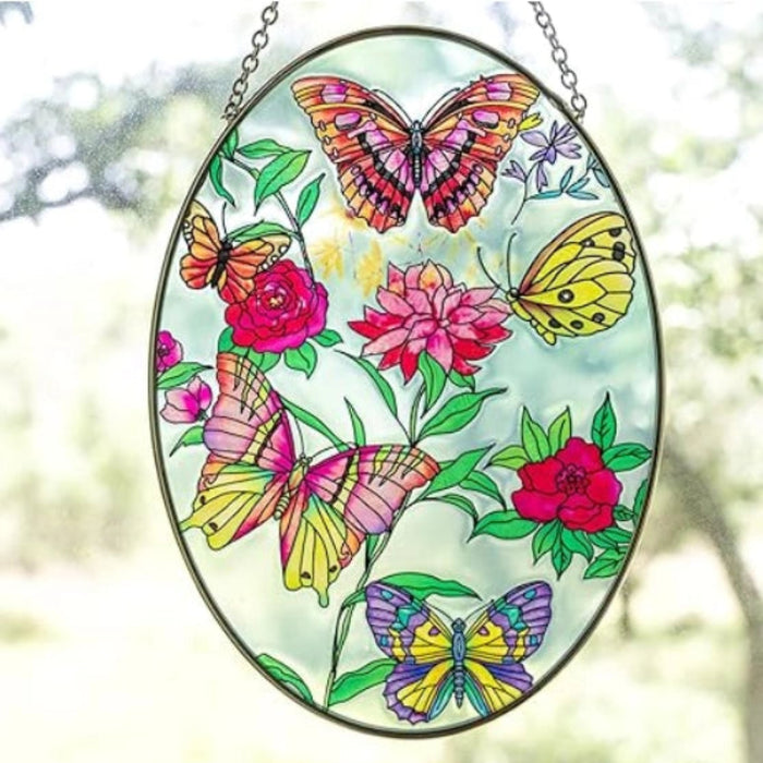 This Bridgeton Hall Butterfly Stained Glass Window Hanging Suncatcher and transform any window into a stunning display of color.