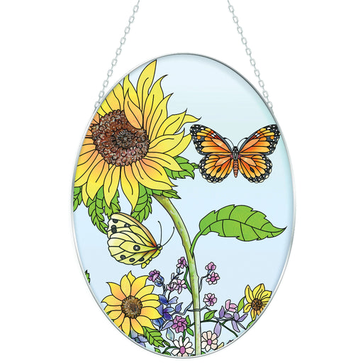 7-inch stained-glass-style sunflower glass suncatcher with bright yellow petals hanging in a sunny window, reflecting colorful light.