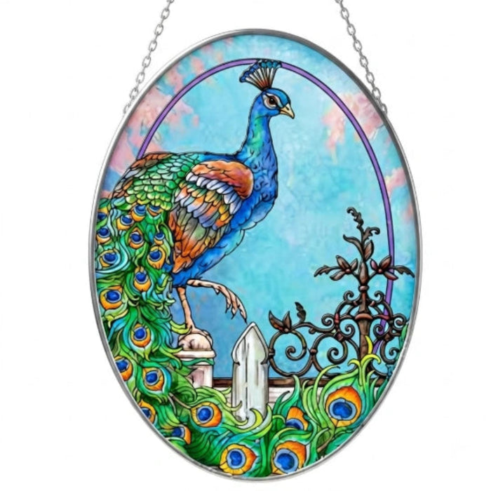 Bridgeton Hall Jewel of the Garden stained-glass-style suncatcher measuring 7 by 5.5 inches, featuring colorful jewel-toned flowers and garden-inspired artwork hanging in a sunny window.