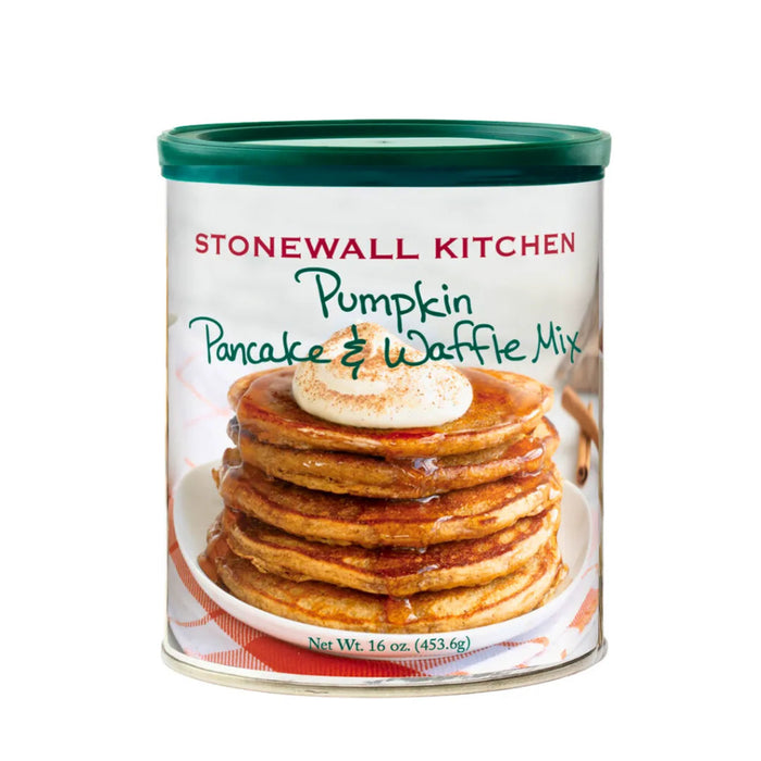 Can of Stonewall Kitchen Pumpkin Pancake & Waffle Mix on a white background