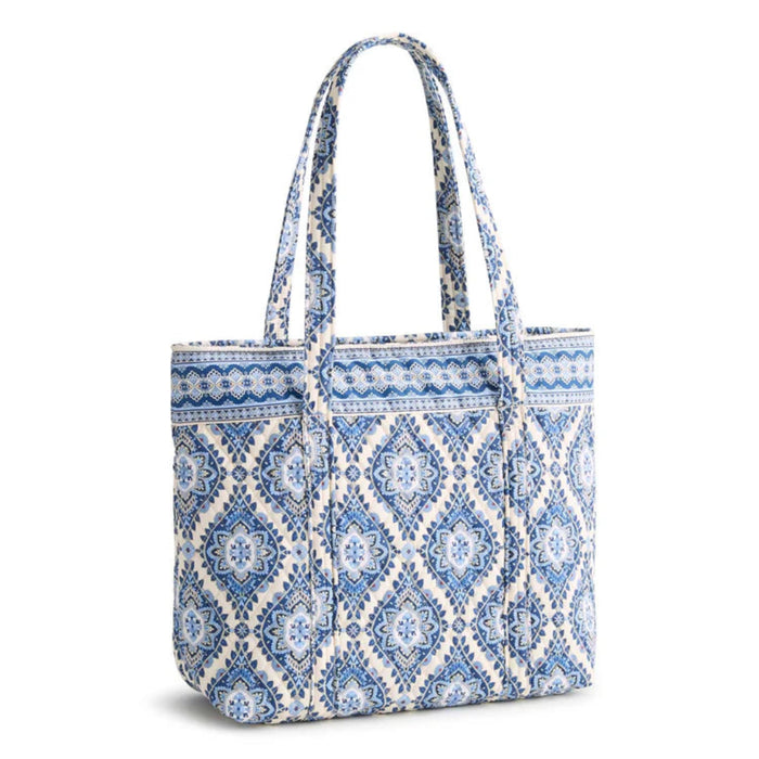 Vera Bradley Original Vera Tote in Cambridge Blues print featuring quilted cotton construction, roomy interior with multiple slip pockets, exterior zip pocket, secure zip-top closure, and comfortable shoulder straps for work, travel, shopping, and everyday organization.