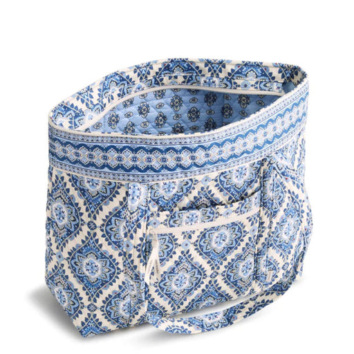 Vera Bradley Original Vera Tote in Cambridge Blues print featuring quilted cotton construction, roomy interior with multiple slip pockets, exterior zip pocket, secure zip-top closure, and comfortable shoulder straps for work, travel, shopping, and everyday organization.