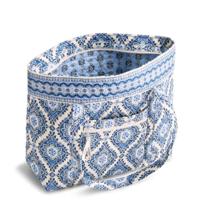 Vera Bradley Original Vera Tote in Cambridge Blues print featuring quilted cotton construction, roomy interior with multiple slip pockets, exterior zip pocket, secure zip-top closure, and comfortable shoulder straps for work, travel, shopping, and everyday organization.