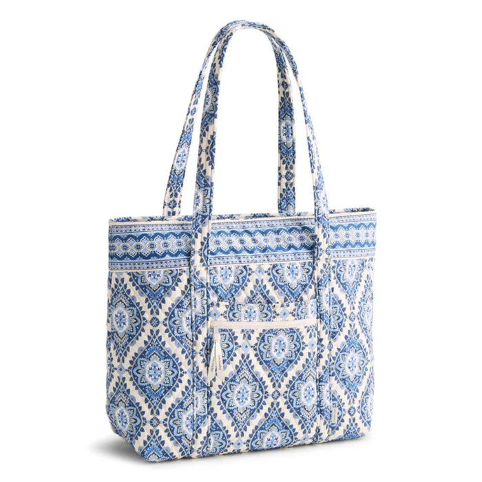 Vera Bradley Original Vera Tote in Cambridge Blues print featuring quilted cotton construction, roomy interior with multiple slip pockets, exterior zip pocket, secure zip-top closure, and comfortable shoulder straps for work, travel, shopping, and everyday organization.