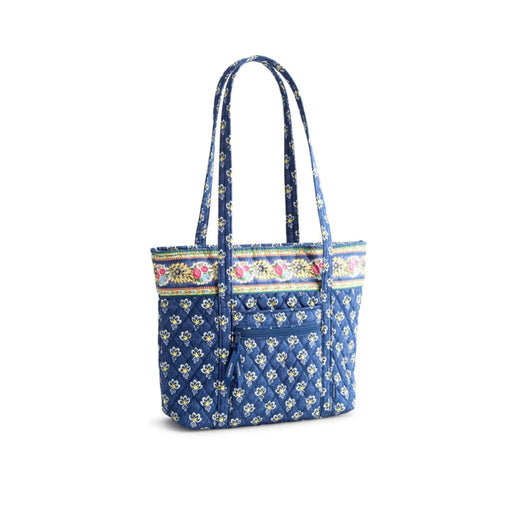 Blue and white floral patterned tote bag with a spacious design, ideal for shopping or everyday use.