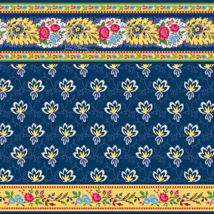 A vibrant blue and yellow floral pattern featuring various flowers against a contrasting background.  