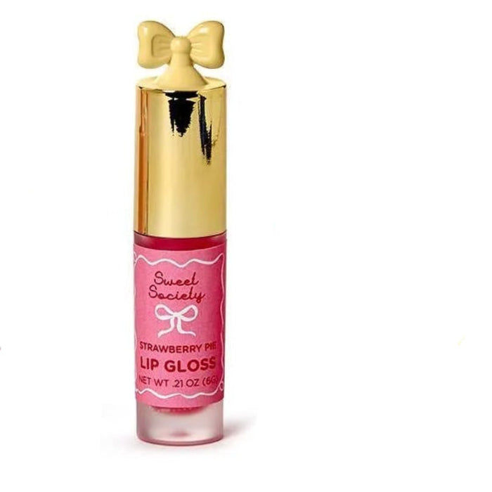  Strawberry Pie Lip gloss with a gold cap and pink body on a white background