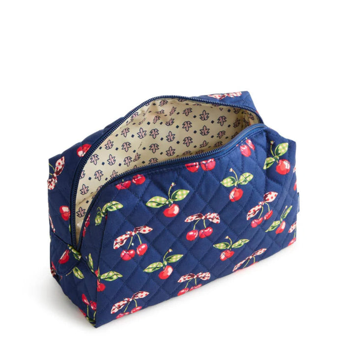 Vera Bradley Medium Cosmetic Bag in Cherry Picking print featuring a zip-top closure, exterior zip pocket, spacious interior, and machine-washable fabric, designed for organizing makeup, skincare products, toiletries, and travel essentials.