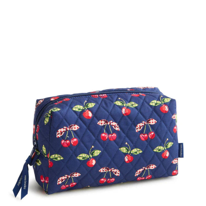 Vera Bradley Medium Cosmetic Bag in Cherry Picking print featuring a zip-top closure, exterior zip pocket, spacious interior, and machine-washable fabric, designed for organizing makeup, skincare products, toiletries, and travel essentials.