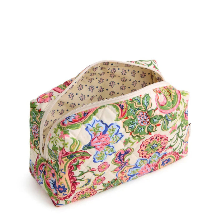 Vera Bradley Medium Cosmetic Bag in Vibrant paisley print featuring a zip-top closure, exterior zip pocket, spacious interior, and machine-washable fabric, designed for organizing makeup, skincare products, toiletries, and travel essentials.