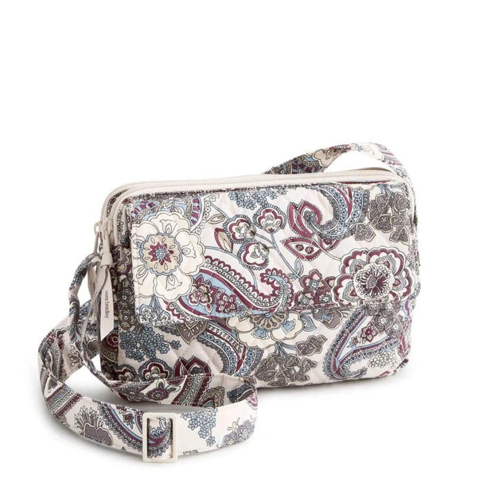 Vera Bradley Tasha Triple Compartment Crossbody in Neutral Rhapsody pattern with multiple compartments and adjustable strap.