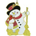 Decorative snowman ornament with a red hat, scarf, and broom on a white background