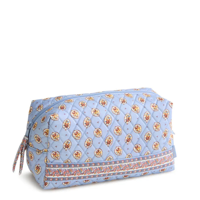 Vera Bradley Large Cosmetic Bag in Blue Leaf floral pattern designed to organize makeup, beauty products, and travel essentials.