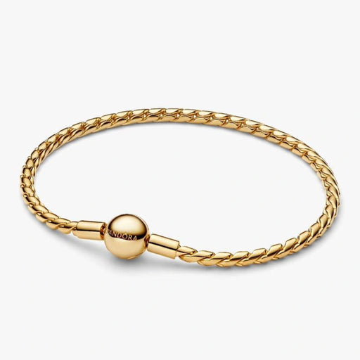 Gold-tone braided chain bracelet with a polished barrel clasp displayed on a white background, suitable for charms and everyday wear.