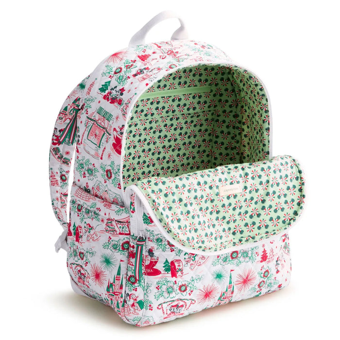 Vera Bradley Bancroft Backpack featuring the festive Holiday Ever After pattern.