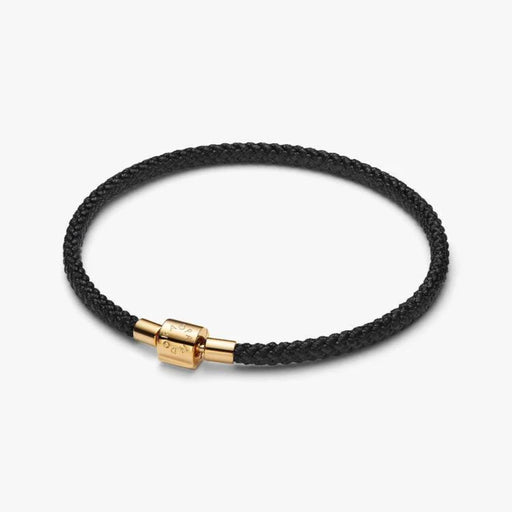 Pandora Shimmering Black Cord Bracelet featuring a shimmering black cord and 14k gold-plated clasp displayed on a white background.