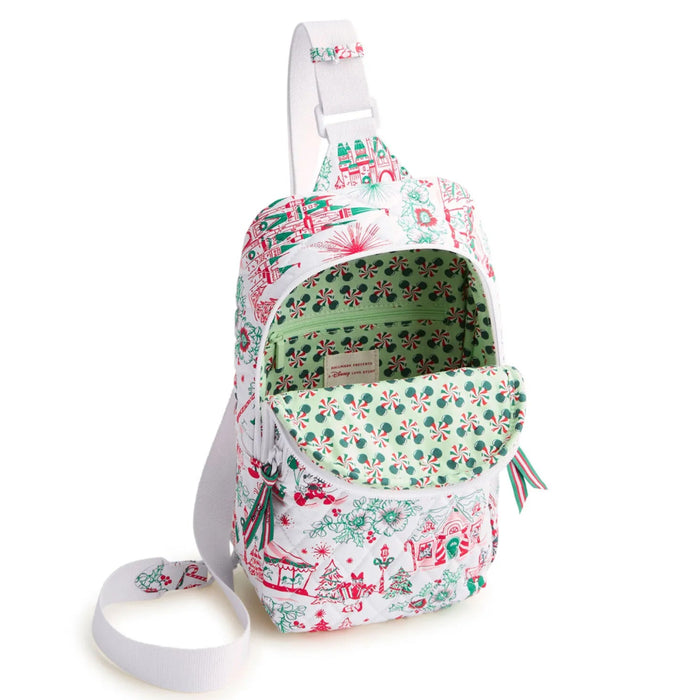 Holiday Ever After Lorman Sling Backpack featuring a festive seasonal pattern and compact design.
