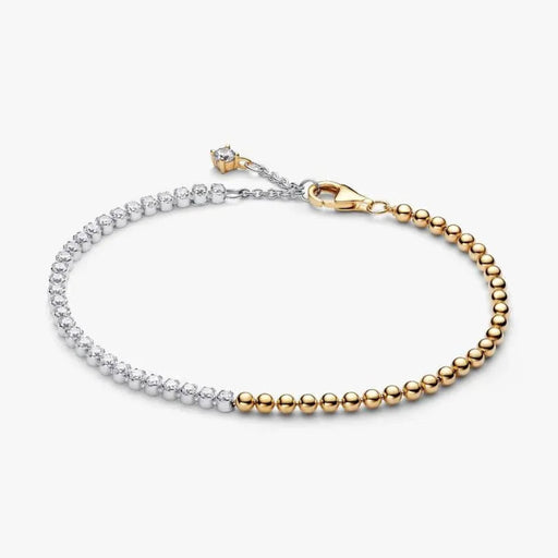 PANDORA Beads & Tennis Bracelet with polished sterling silver beads and clear sparkling stones