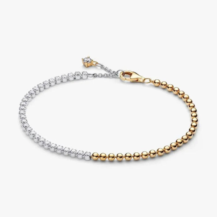 PANDORA Beads & Tennis Bracelet with polished sterling silver beads and clear sparkling stones