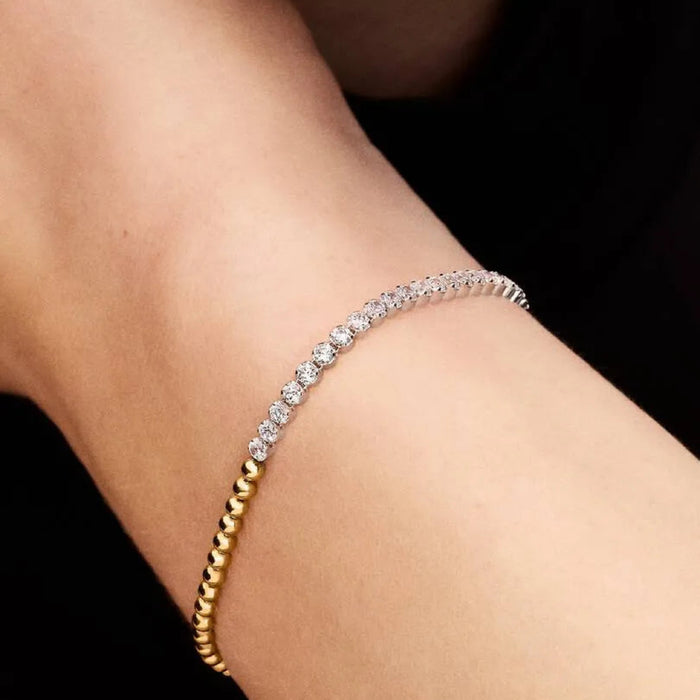 PANDORA Beads & Tennis Bracelet with polished sterling silver beads and clear sparkling stones