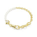 Elegant gold-plated bracelet adorned with white pearls and a charming heart pendant, perfect for any occasion.