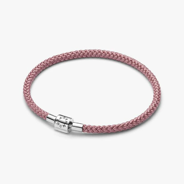 A pink braided leather bracelet featuring a sleek silver clasp.