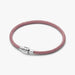 A pink braided leather bracelet featuring a sleek silver clasp.