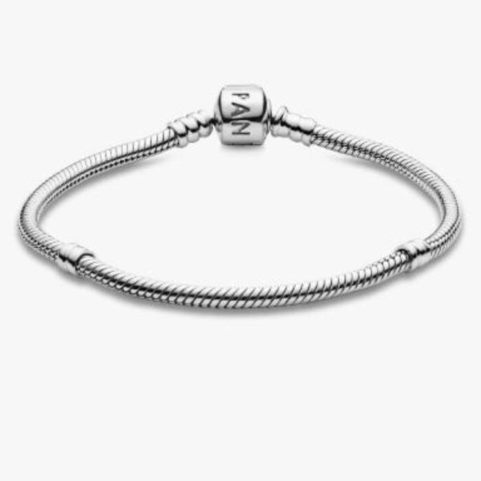 Pandora Moments Barrel Clasp Snake Chain Bracelet featuring a polished snake chain with a classic barrel clasp, designed for Pandora Moments charms and accessories.