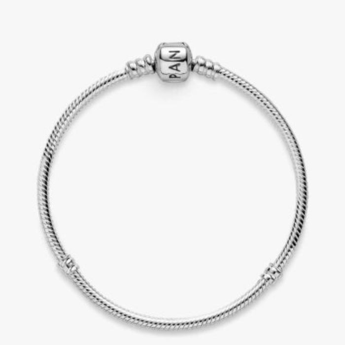 Pandora Moments Barrel Clasp Snake Chain Bracelet featuring a polished snake chain with a classic barrel clasp, designed for Pandora Moments charms and accessories.