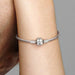 Sterling silver snake chain bracelet with a polished square clasp compatible with charm beads and designed for everyday wear.