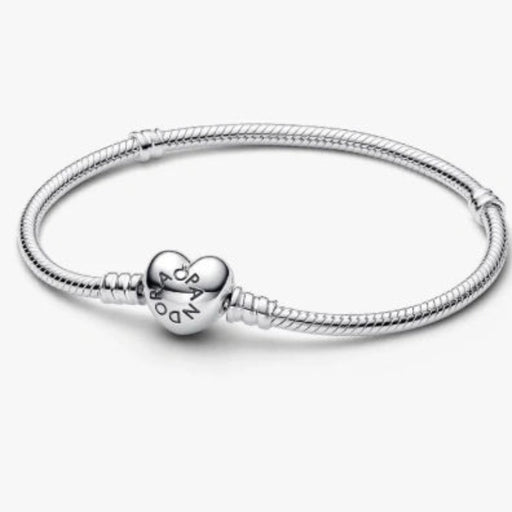 Pandora Moments Heart &amp; Snake Chain Bracelet featuring a polished snake chain with a heart-shaped clasp, designed for Pandora Moments charms and personalized jewelry.