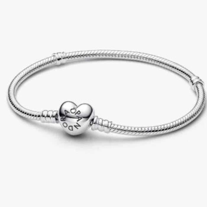Pandora Moments Heart &amp; Snake Chain Bracelet featuring a polished snake chain with a heart-shaped clasp, designed for Pandora Moments charms and personalized jewelry.