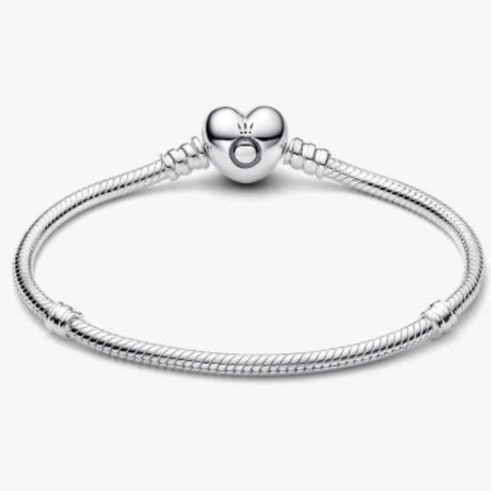 Pandora Moments Heart &amp; Snake Chain Bracelet featuring a polished snake chain with a heart-shaped clasp, designed for Pandora Moments charms and personalized jewelry.