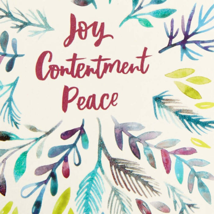 Decorative card with colorful leaves and motivational text 'Joy Contentment Peace' on a white background.