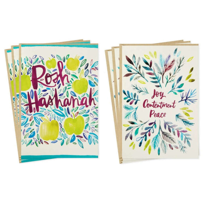 Two Rosh Hashanah greeting cards with colorful designs on a white background