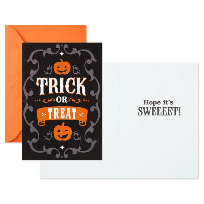 Hallmark Halloween card featuring elegant vintage typography, decorative wrought-iron frame, and seasonal pumpkin accents.