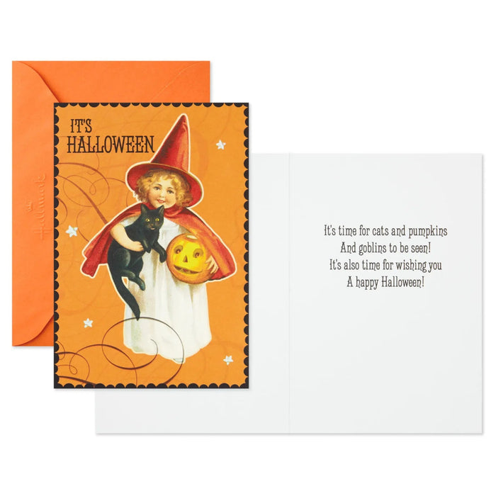 Hallmark vintage Halloween greeting card featuring a charming young witch, black cat, glowing pumpkin, and sparkling foil accents.
