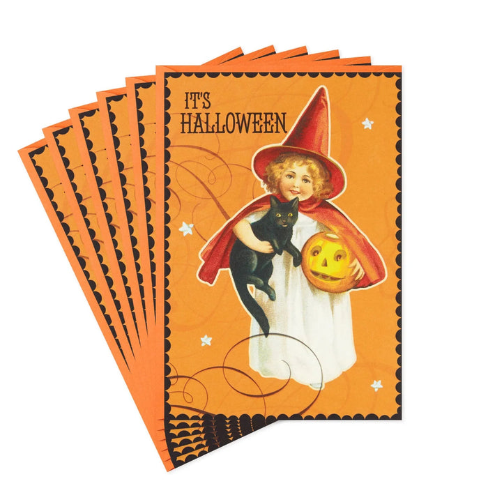 Hallmark vintage Halloween greeting card featuring a charming young witch, black cat, glowing pumpkin, and sparkling foil accents.