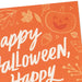 Front of Hallmark Halloween card featuring jack-o'-lanterns, pumpkins, fall leaves, and gourds on an orange background