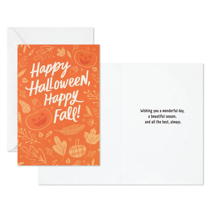 Front of Hallmark Halloween card featuring jack-o'-lanterns, pumpkins, fall leaves, and gourds on an orange background