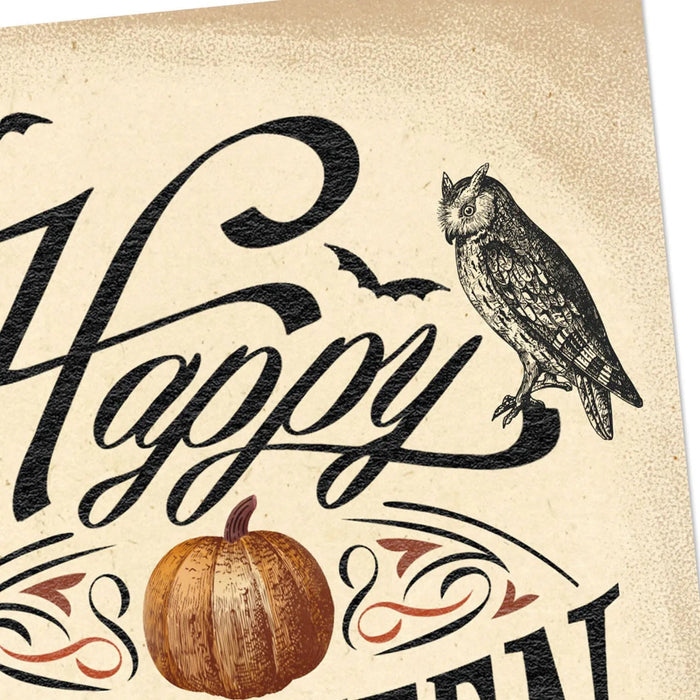 Hallmark vintage Halloween greeting cards pack with pumpkin, bats, owl, ornate black lettering, and parchment-style artwork, including six cards and envelopes.