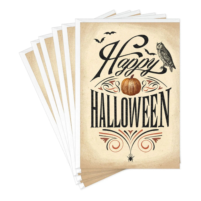 Hallmark vintage Halloween greeting cards pack with pumpkin, bats, owl, ornate black lettering, and parchment-style artwork, including six cards and envelopes.