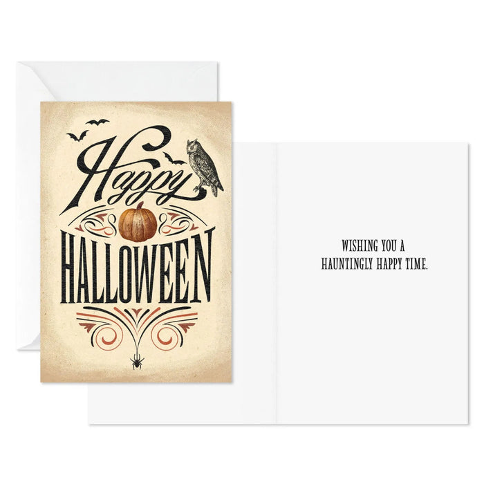 Hallmark vintage Halloween greeting cards pack with pumpkin, bats, owl, ornate black lettering, and parchment-style artwork, including six cards and envelopes.