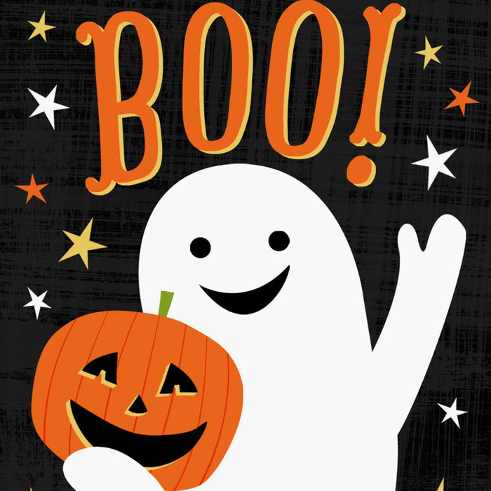 Hallmark Ghost with Pumpkin Halloween Cards Pack featuring a white ghost, glowing pumpkin, black starry background, and 6 matching envelopes.