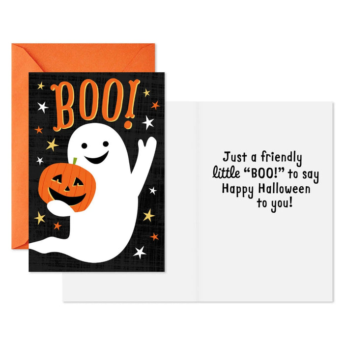 Hallmark Ghost with Pumpkin Halloween Cards Pack featuring a white ghost, glowing pumpkin, black starry background, and 6 matching envelopes.