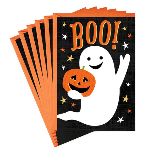 Hallmark Ghost with Pumpkin Halloween Cards Pack featuring a white ghost, glowing pumpkin, black starry background, and 6 matching envelopes.