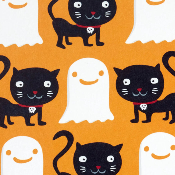 Hallmark Checkerboard Ghosts and Black Cats Halloween card featuring playful white ghosts, black cats, and an orange checkerboard background.