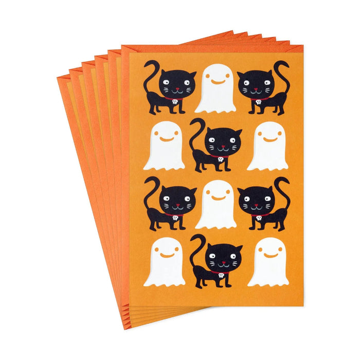 Hallmark Checkerboard Ghosts and Black Cats Halloween card featuring playful white ghosts, black cats, and an orange checkerboard background.