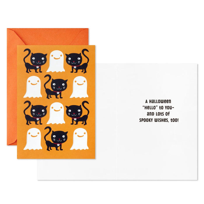Hallmark Checkerboard Ghosts and Black Cats Halloween card featuring playful white ghosts, black cats, and an orange checkerboard background.